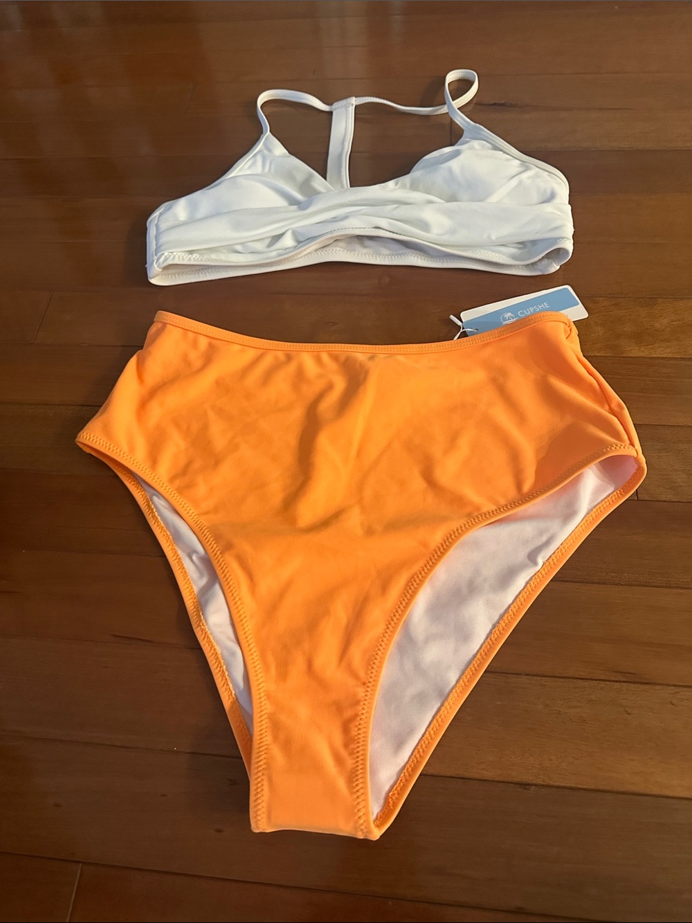 Cupshe White Strappy Bikini Top with Orange High-Waist Bottom